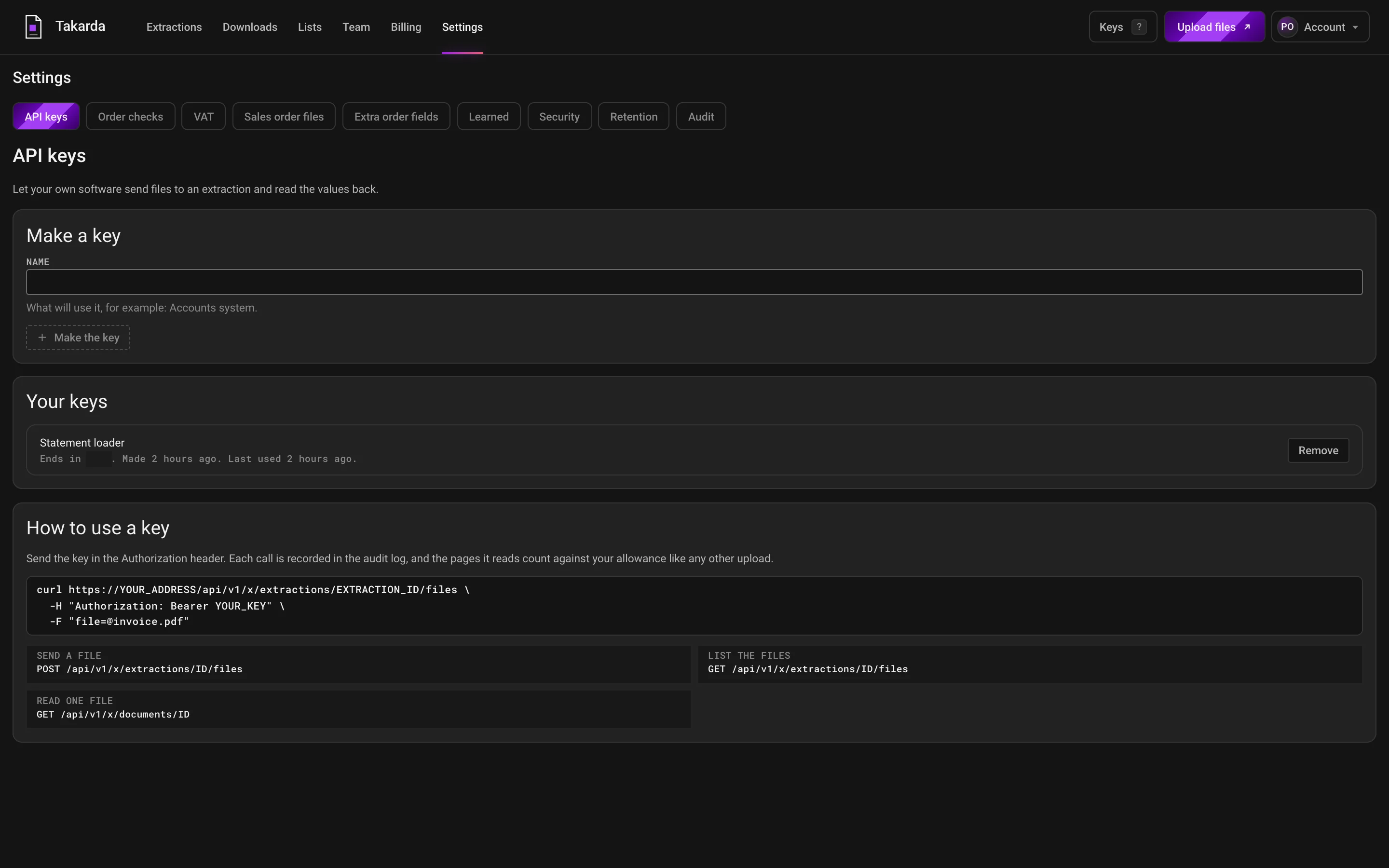 The API keys page: a place to make a key, the list of your keys, and a short example of sending a file from your own software.