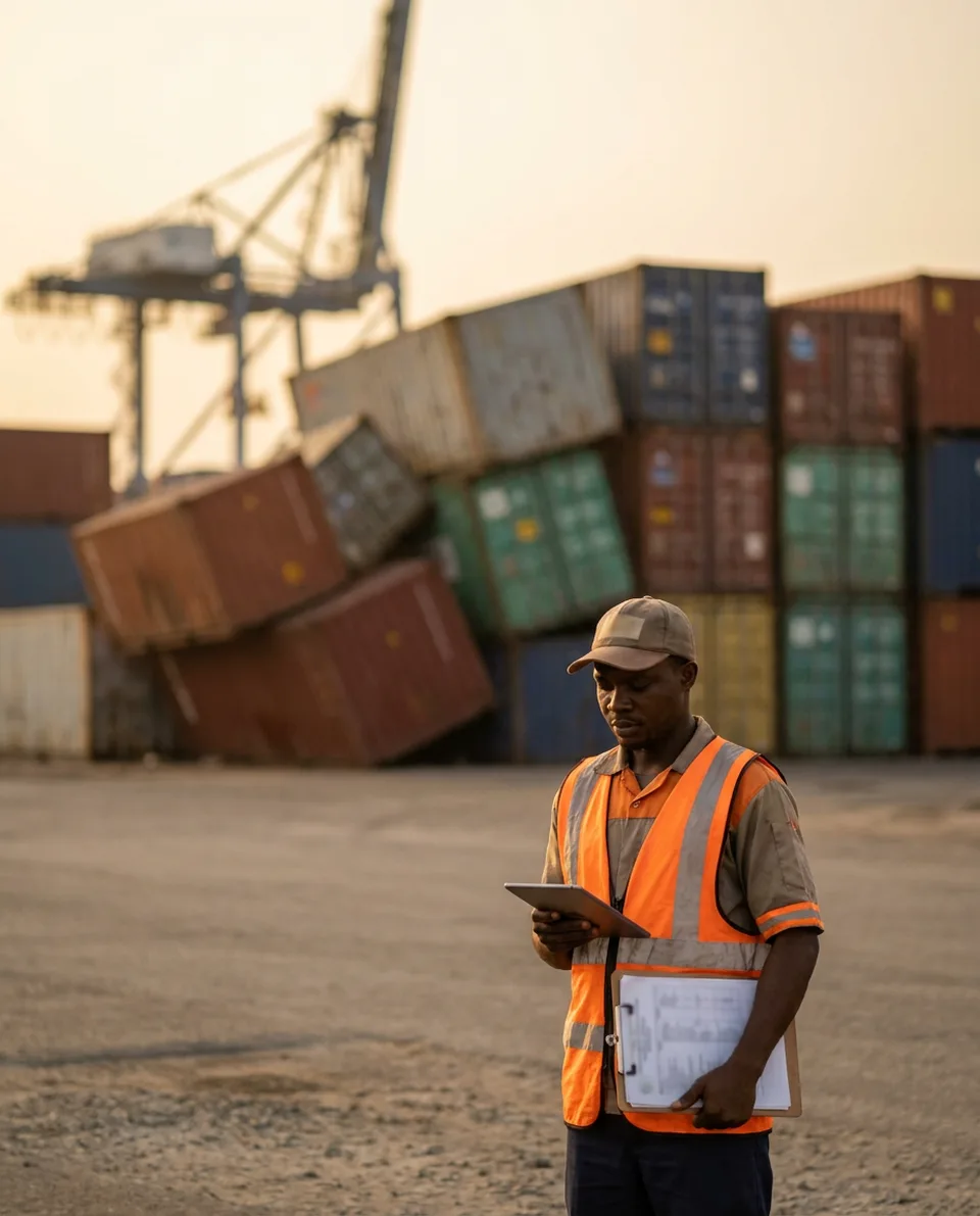 A logistics officer in a high-visibility vest checking shipping papers at a container yard