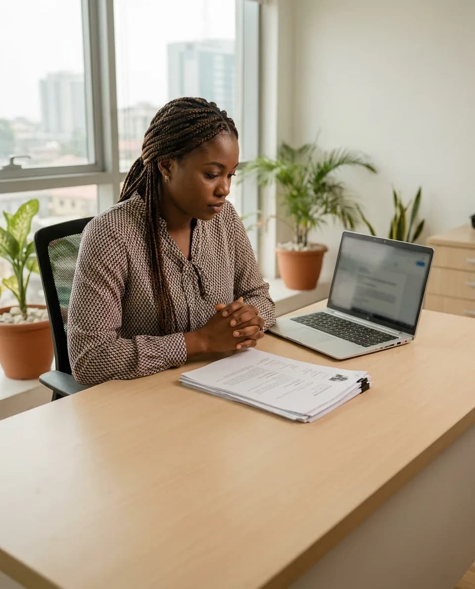 A recruiter reading a pile of printed CVs at a desk